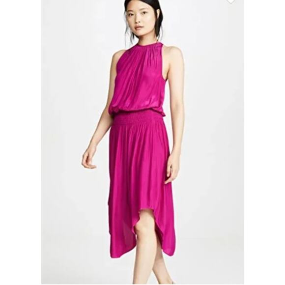 RAMY BROOK | Audrey High Neck Smocked Waist Midi Dress Magenta Pink | Size Large - Picture 1 of 8